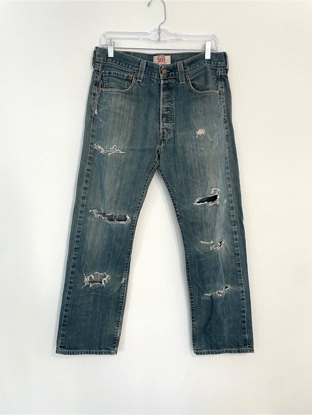 Levi's 501 Men's Cotton Relaxed Fit Distressed Jeans in Faded Blue